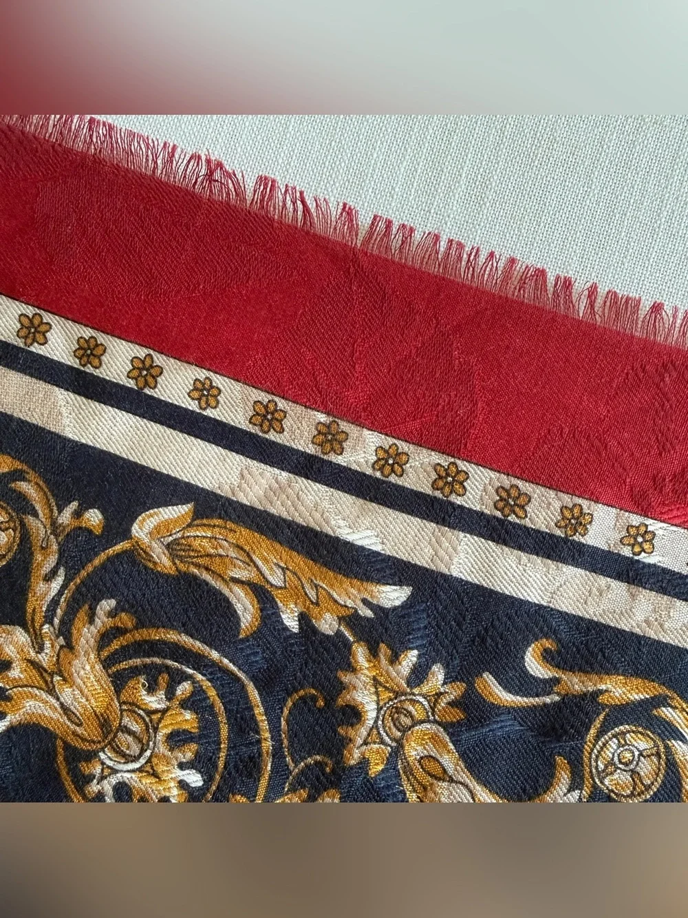 VTG Smithsonian Institution 100% Wool Baroque Scarf Shawl Italy 55” Square Red